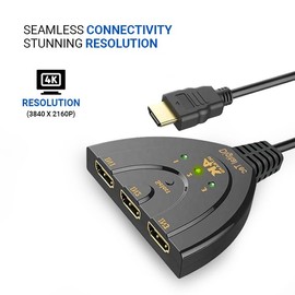 4K Gold Plated 3-Port Zero Delay HDMI Splitter, Supports 4K/HD1080p/3D, HDMI Switcher with High Speed Cable, HDMI Switch 3 in 1 out, Multi HDMI Adapter for TV, 3 Way Self-Powered HDMI Splitter