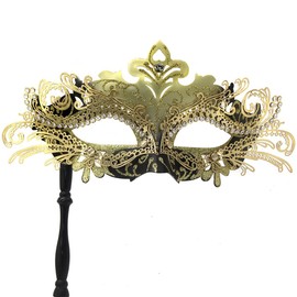 WILOVCOS Womens Masquerade Mask with Stick, Handheld Mardi Gras Mask,Venetian Party Masks (Gold & Black)