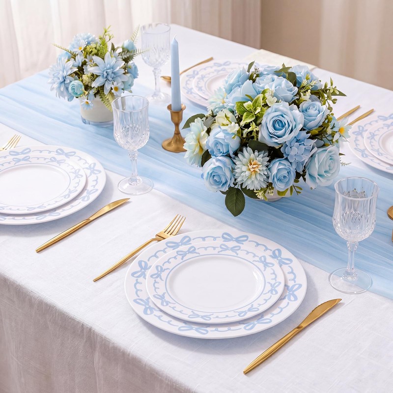 60 Pcs Blue Plastic Plates Set for Wedding Party Guests