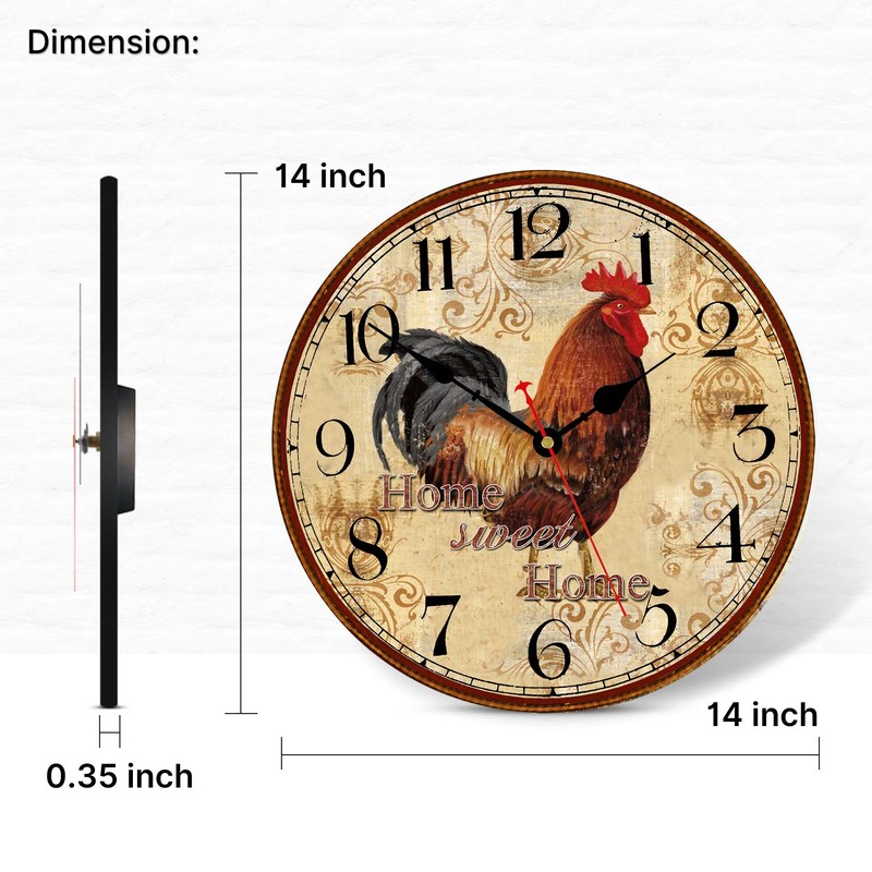 TAHEAT 14 Inch Rustic Rooster Wall Clock Retro Silent Non