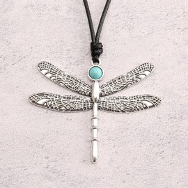 GelConnie Dragonfly Necklaces Silver Hippie Necklaces for Women Leather Cord Necklace With Pendant Vintage Sweater Long Necklace Bohemian Jewelry, Faux Leather, No Gemstone