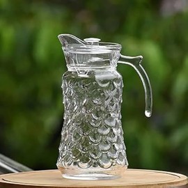 Glass Pitcher w Lid & Thumb Rest Handle-Sleek & Elegant Jug Drinkware- For Cold Drinks- Punch, Lemonade, Cocktails, Mocktails, Ice Coffee - Very Durable, Perfect For Fridge Shelf (1, clear line)