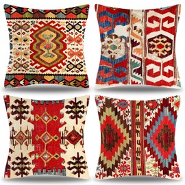 Cushion Cover 40 x 40 cm Pattern Set of 4 Decorative Cushions Colourful Red Tribal Decorative Cushion Living Room Bedroom Garden Outdoor Couch Bohemian Cushion Covers Persian Rug Style