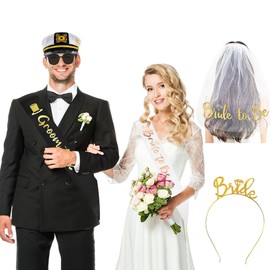 Vlipoeasn 7PCS Bachelorette Party Set, Bride and Groom Sash Bridal Shower Party Decorations, Funny Bachelor Gold Glitter Banner, Bride Head Veil, Groom Set Include Groom Captain Hat Groom Sunglasses