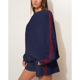 D-Sun Women's Velvet Bow Sweatshirt Long Sleeve Crew Neck Pullover Sweatshirt Loose Y2K Vintage Knitted Sweatshirt Navy