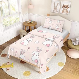 ENEN Girls' Bed Linen, Children's Pink Duvet Cover Rabbit Duvet Cover 120 x 150 cm with 1 Pillowcase 40 x 60 cm, Microfibre Children's Duvet Set for Girls and Boys