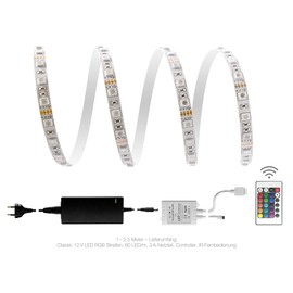 2.5 Metre RGB LED Strip Set (60 LED/m, IP20) with Controller, 24 Button Remote Control and 3 A Power Supply