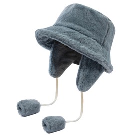 CLAPE Fluffy Faux Fur Winter Hat Warm Fishing Hat with Ear Flaps Winter Bucket Hat Wide Brim Bucket Hat Foldable Fishing Hat for Men and Women, FHWP2402-Blue