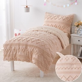 Toddler Bedding Set for Girls 4-Piece Boho Beige Tufted Toddler Comforter Set Jacquard Tufts Bed-in-a-Bag Crib Toddler Bed Sheet Set for Kids with Comforter, Flat Sheet, Fitted Sheet, Pillowcase