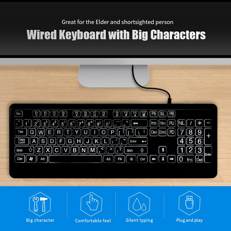 Wired Large Print Keyboard White Bold Jumbo Letters Silent Backlit