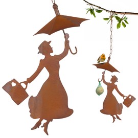 Bird Feeder - Fat Ball Holder with Roof for Hanging Woman with Umbrella in Patina 36 cm