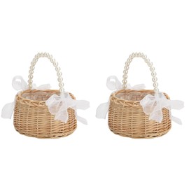 2pcs Rattan Flower Girl Baskets with Pearl Handle and Ribbon, Small Wicker Wedding Flower Girl Baskets Party Candy Gift Storage Basket for Home Garden Decor(ratten)