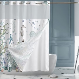 MEHOFOND Nautical Beach No Hook Shower Curtain with Snap in Liner, Starfish Seashell Coral Coastal Shower Curtain with Liner, See Through Mesh Top Window, Fabric Hotel Blue Shower Curtain 71x74IN