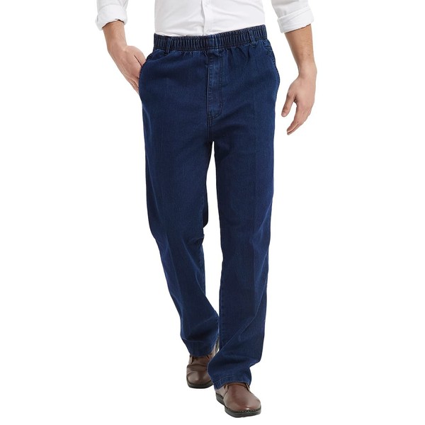 IDEALSANXUN - Jeans de cintura elástica para hombre, Azul oscuro, 48W X 32L