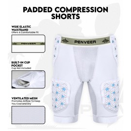 Penveer 5-Pad Adult Football Girdle for Men with Cup Pocket - 2-Tone Integrated Hip, Thigh & Tailbone Pads for Maximum Protection, Men's Padded Compression Shorts (White, AL)