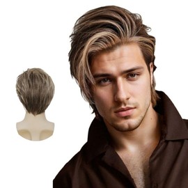 Siudus Mens Brown Mix Blonde Short Wig Layered Realistic Side Part Hair Wig Natural Synthetic Fiber Guy Male Wig for Daily Use