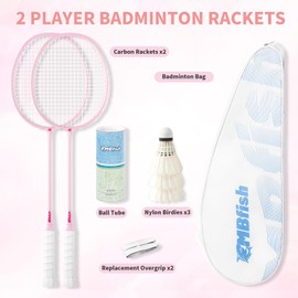 MBFISH Badminton Racket Set with 2 Carbon Fiber Rackets, 3 Shuttlecocks, 2 Replacement Racket Grip Tapes and 1 Badminton Bag - Perfect for Beginners & Outdoor Games 4U Pink 2P