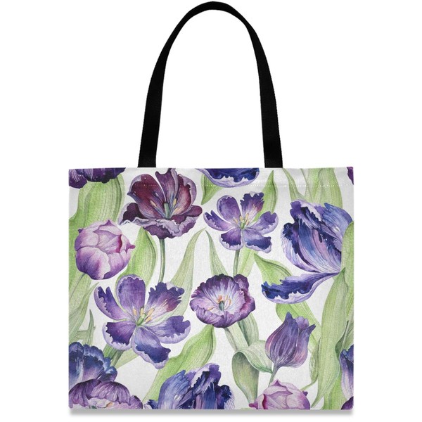 visesunny Women's Large Canvas Tote Shoulder Bag Purple Tulip Flower