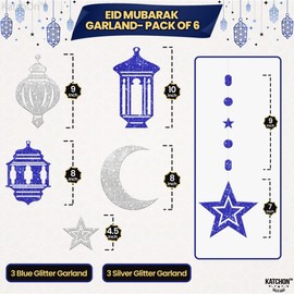 KatchOn, Silver and Blue Eid Mubarak Decorations ñ 6 String, No DIY | Eid Hanging Decor, Eid Garland for Eid Decorations for Home 2024 | Hanging Moon and Stars Decor | Eid Classroom Decorations