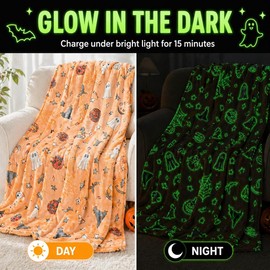 Glow in The Dark Halloween Blanket 50x60 Inches Soft Flannel Fleece Ghost Blanket Cute Spooky Skull Pumpkin Throw Luminous Cozy Holiday Bedding Decor Gift for Kids Boys Girls