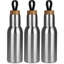 Stainless Steel Water Bottle with Wooden Lid - 3-Piece Set - Vacuum Leak-proof Thermos Flask, Water Bottle BPA Free, Insulated Thermos Flask for Sports, Running, Biking, Hiking - 400 ml - Silver