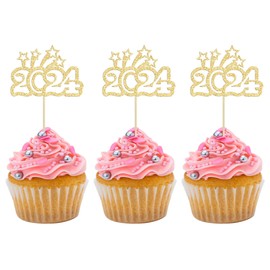 24 piezas de decoración para cupcakes de Año Nuevo 2023 con purpurina dorada Hello 2023 para decoración de tartas de Año Nuevo 2023