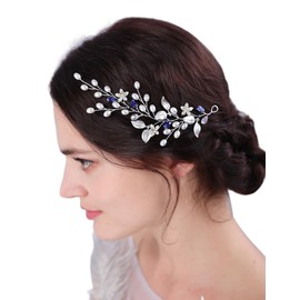 Teyglen Silver Leaf Wedding Hair Vine Flower Bridal Pearl Crystal Headband Hair Vine Blue Crystal Pearl Hair Piece Hair Accessories for Women