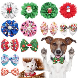PET SHOW 12pcs Christmas Small Dogs Collar Charms Flowers Bow Ties for Xmas Holiday Party Costumes Medium Dog Cats Doggies Collars Attachment Grooming Accessories