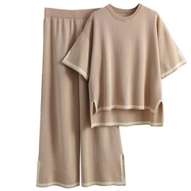 Famulily 2 Piece Oversized Loungewear Sets Crew Neck Top and Pant 2 Piece Loungear Side Split Hem KhakiL