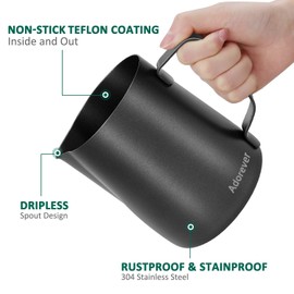 Milk Frothing Pitcher 600ml/20oz Steaming Pitchers Stainless Steel Milk Coffee Cappuccino Latte Art Barista Steam Pitchers Milk Jug Cup with Decorating Art Pen, Matte Black