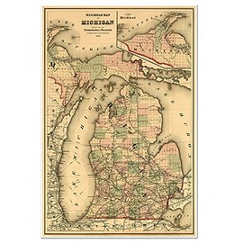Michigan Railroad Map by O.W. Gray & Sons circa 1876 - measures 24 inches x 36 inches (610 mm x 915 mm)