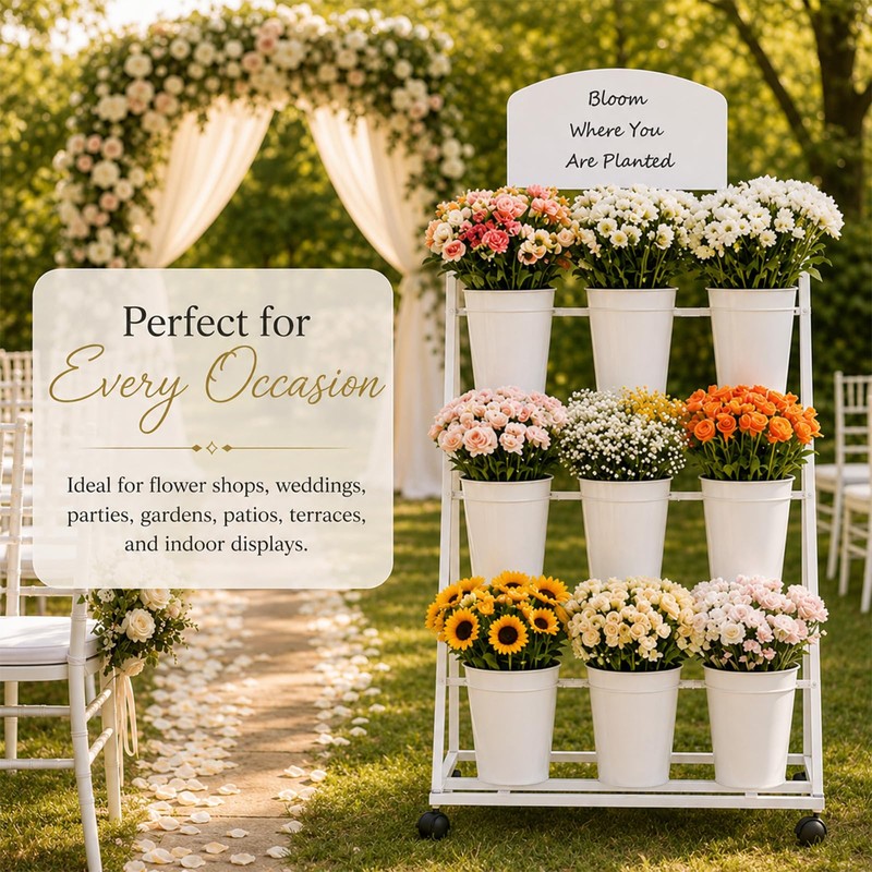 3-Tier Metal Flower Cart Display Stand with 9 Buckets, Flower