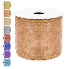 Cimeton 1 Roll Orange Swirl Glitter Wired Ribbon 2.5 inch Wide 10 Yards Long Organza Sheer Ribbon with Gold Metallic Edge Glitter Swirl Pattern Wired Ribbon for Floral Craft Holiday Decoration