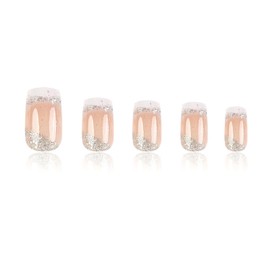 Press on Nails White French Tip Fake Nails Square Medium Length False Nails with Silver Glitter Ombre Design Glossy Acrylic Glue on Nails Natural Artificial Nails for Women Manicure & Nail Art