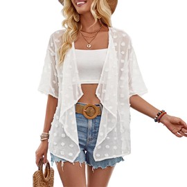 Atxnn Women's Summer Kimono Cardigans Half Sleeve Shrugs for Women UK Loose Fit Open Front Beach Cover Ups with Hairball, White M