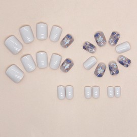 WAFOLOZE Nails Press ons,White Short Square Press on Nails Fake/False Nails with Blue Flower Designs Glossy Acrylic Artificial Nails Stick on Nails for Women 24Pcs