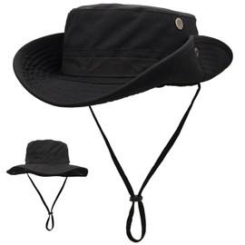 Huakunda Sun Hat for Men Boonie Hat Women UV Protection UPF 50+ Foldable Chin Strap Bush Bucket Hat for Fishing Camping Hiking (UK, Alpha, One Size, Black)