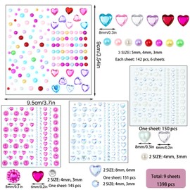 1398 PCS Heart Rhinestones Face Self-Adhesive Acrylic Heart Gems Stickers Flat-Back Heart Pearl Crystal for Body Eye Makeup for Wedding Valentine's Day DIY Crafts, 9 Sheets