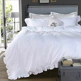 Queen's House 3 Pieces Duvet Cover Set Washed Cotton White Ruffled Duvet Quilt Cover with Zipper Bedding Set California King Size-Shabby Ruffle,White