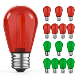 GvvooHome 15 Pack S14 Colored LED String Light Bulbs, 1W Plastic Shatterproof Replacement Bulbs for Outdoor Patio Backyard Lights, E26 Medium Base, Dimmable, Warm White 2200K, Red/Green