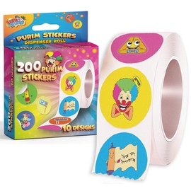 Purim Stickers On a Roll - Purim Stickers On Dispenser Roll - 200 Purim Stickers for Kids - 10 Purim Designs - Grogger, Hamentash, Megillah and More