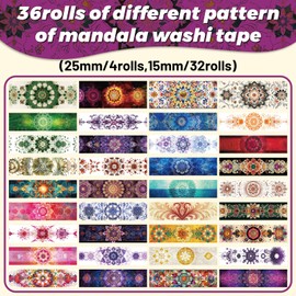 36 Rolls Mandala Washi Tape Set - Coloured Datura Aesthetic Scrapbook Tape Decorative for Craft, Junk Journal Supplies, Bullet Journaling, 15/25 mm Wide