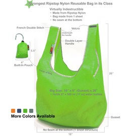 EcoJeannie Super Strong Ripstop Nylon Foldable Reusable Bag Grocery Shopping Tote Bag with Built-in Pouch, RB0003 (Green)