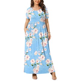 BISHUIGE BISHUIGE Plus Size Maxi Dresses for Women Summer Casual Short Sleeve Long Dress with Pockets XL-6XL XX-Large, Fl Light Blue