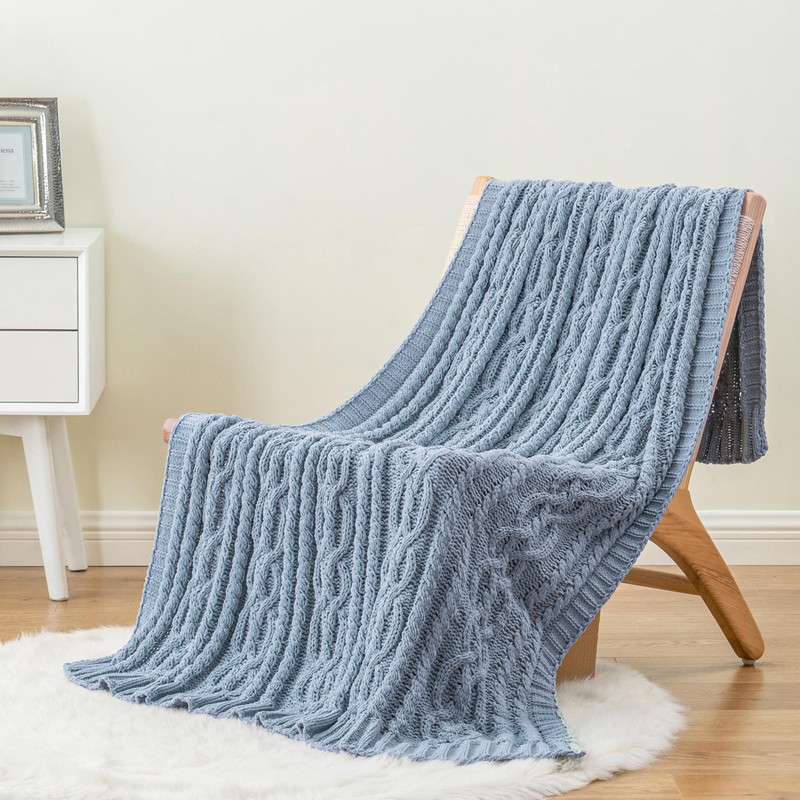 Battilo Bluish Grey Throw Blanket for Couch, Woven Chenille Blue