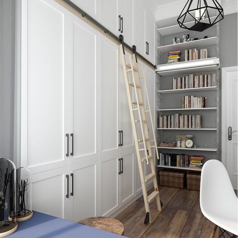 DIYHD 6.6FT Home Office Sliding Library Ladder Hardware,Rustic Black Rolling