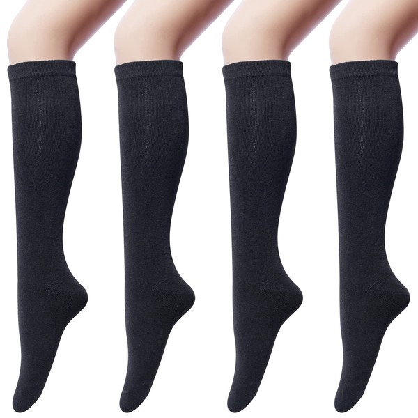 Senker Fashion Women's 4 Pairs Cotton Knee High Casual Solid Knit Socks, A Black(4 Pairs)