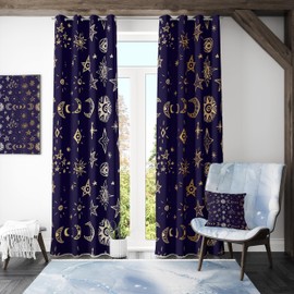 Llylumty Stars - Cortinas opacas con diseño de galaxia, color negro, dorado, planetas espaciales, estrellas, luna, sol, cortinas de tratamiento de ventana para sala de estar, ojales celestiales,