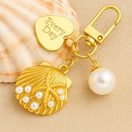 DONWOIE Ocean-Inspired Keychain with Shell & Pearl Pendant – Romantic Heart Tag Key Chains, Gold Metal Hook, Perfect for Keys & Bags, Cute Keychains Gift for Ocean Lovers Women Girls