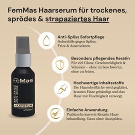 FemMas Keratin Hair Serum for Anti-Frizz Treatment of Dry, Brittle, Damaged Hair I Hair Treatment Against Split Ends & Hair Breakage I Keratin & Argan Treatment for Shine Softness 50 ml